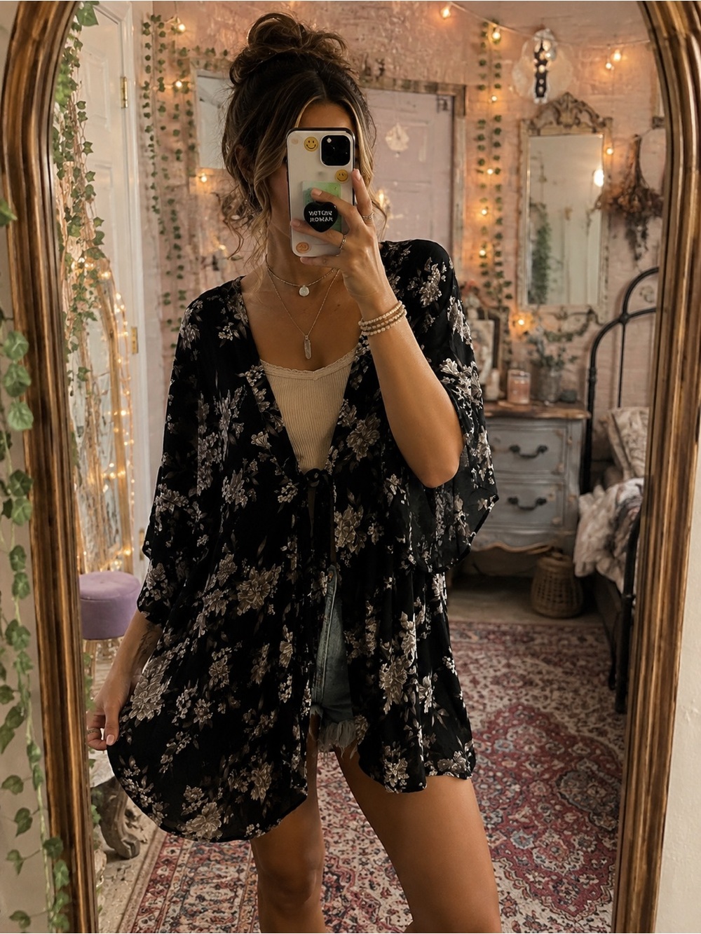 Black Floral Tie-Front Kimono
